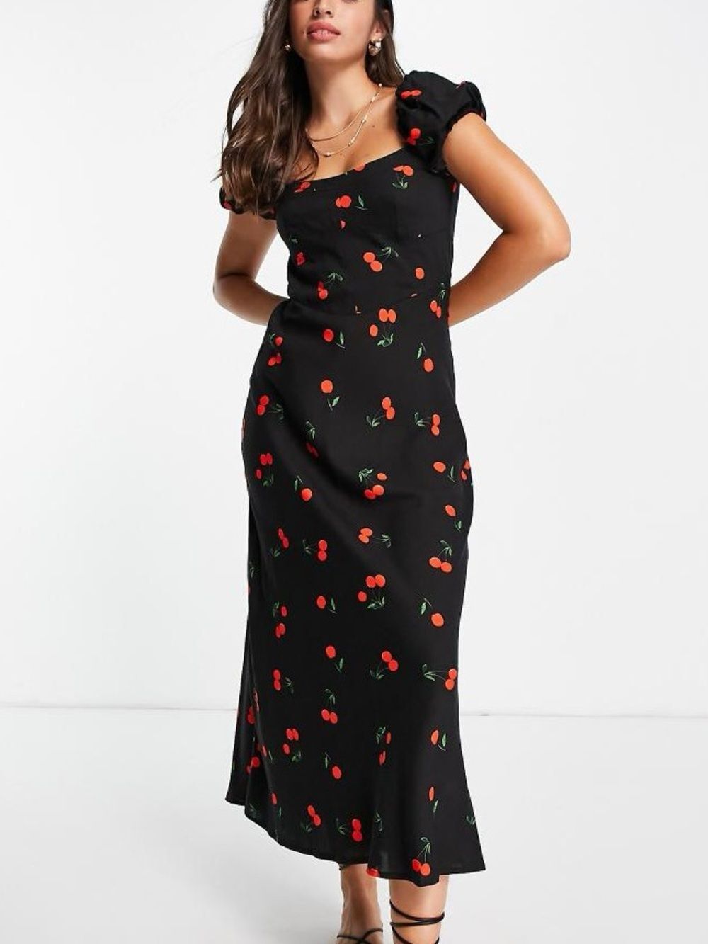 ASOS Black Midi Dress with Red Cherry Print